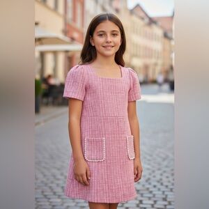 Beautiful Xtraordinary Pink Tweed Kids Dress with Pearl Details